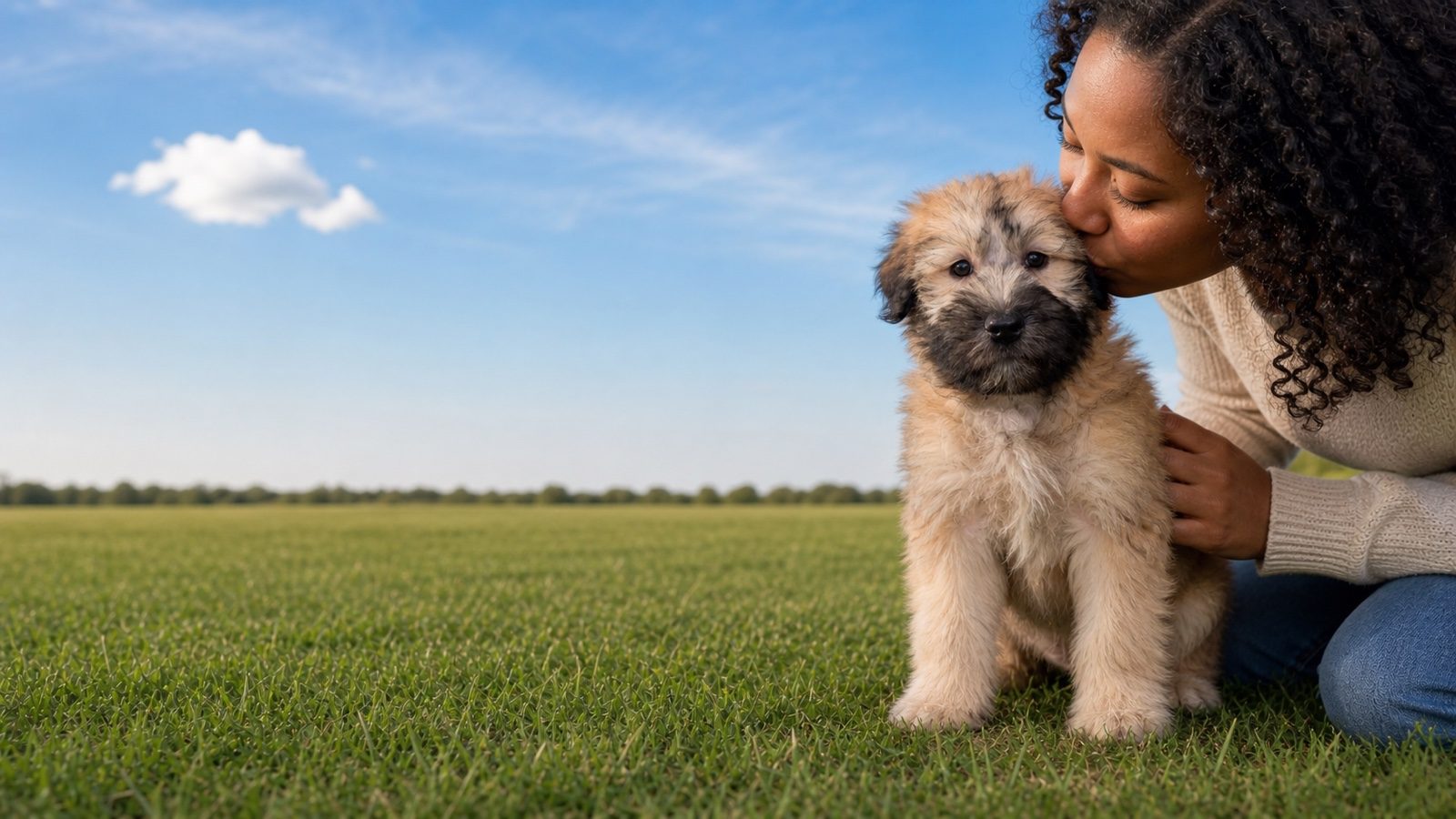 Cream Soft Coated Wheaten Terrier puppy with dark muzzle in a grass field, a person kissing its head, at Blue Sky Puppies