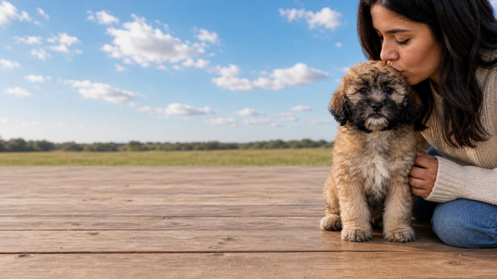 Sandy tan wavy-coated Teddy Bear puppy sitting on a wooden deck, a person kissing its head, at Blue Sky Puppies
