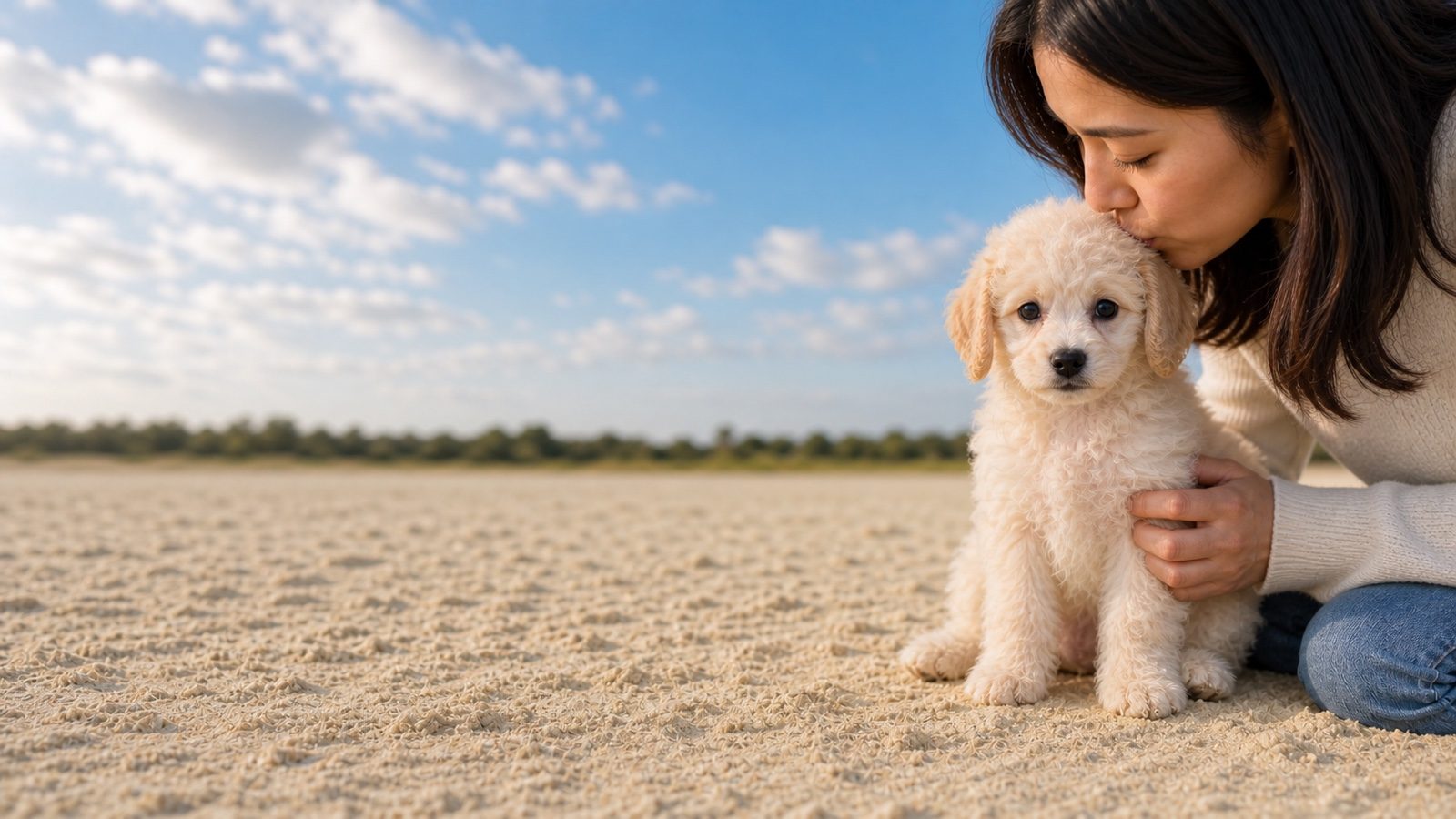 Cream curly-coated Toy Poodle puppy sitting on pale sand, a person kissing the top of its head, at Blue Sky Puppies
