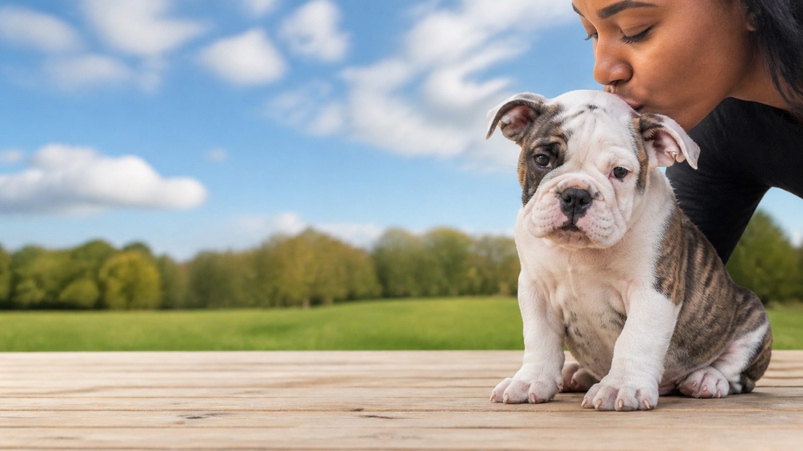 Victorian Bulldog puppy on grass in open parkland, a person kissing the top of its head, at Blue Sky Puppies