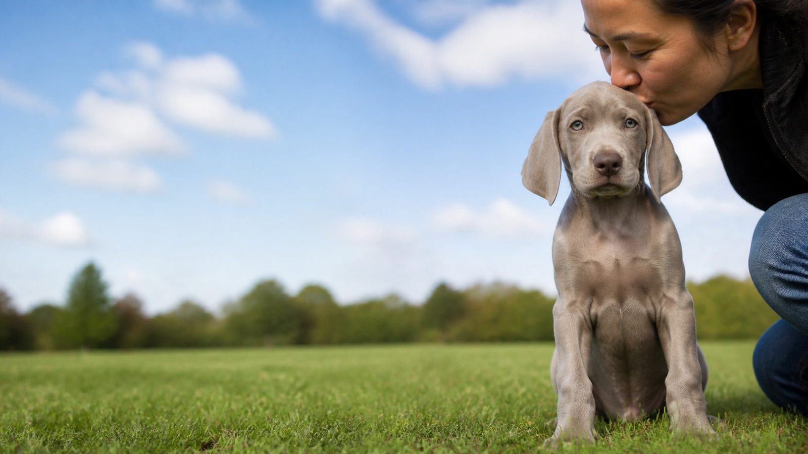 Weimaraner puppy on grass in open parkland, a person kissing the top of its head, at Blue Sky Puppies