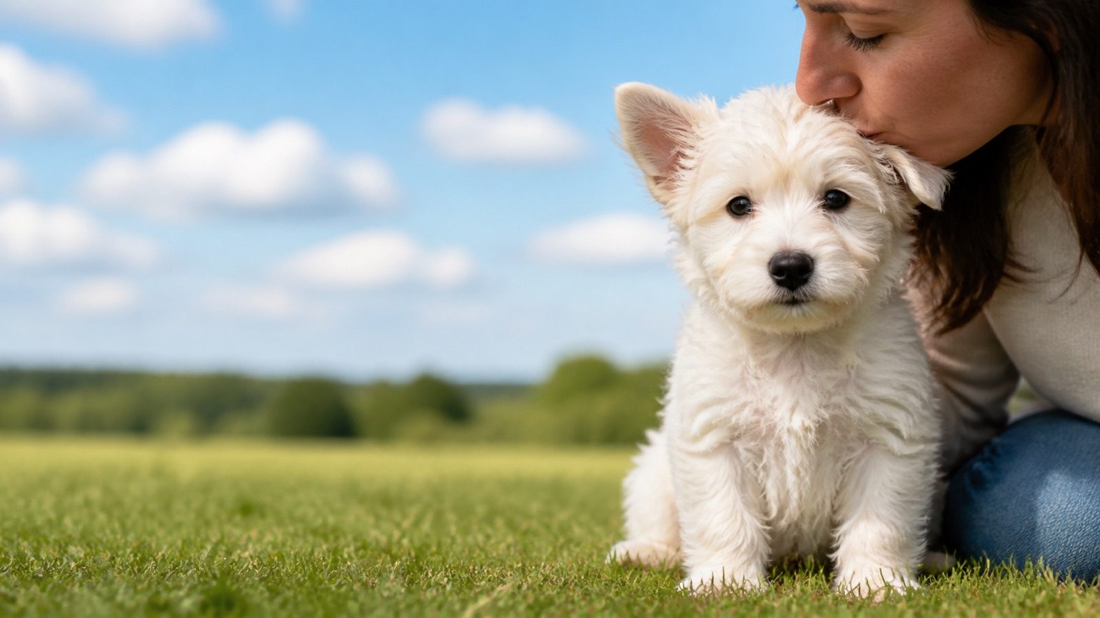 Westiepoo puppy on grass in open parkland, a person kissing the top of its head, at Blue Sky Puppies