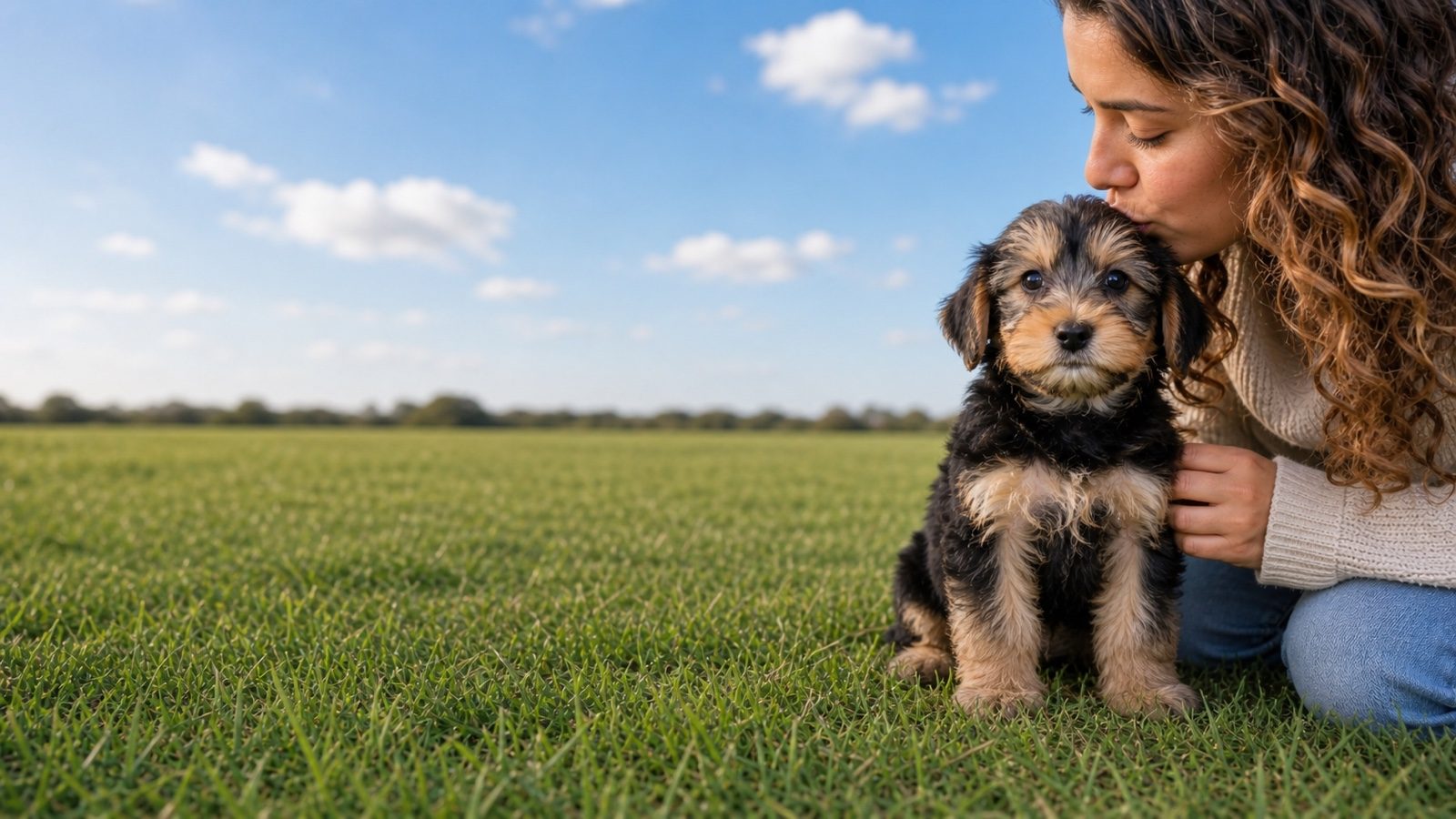Black and tan wavy-coated Yorkiepoo puppy sitting in a green grass field, a person kissing its head, at Blue Sky Puppies
