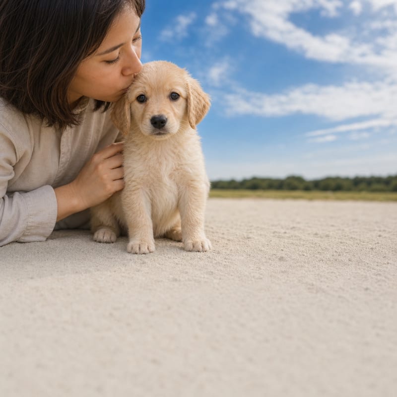A woman kneeling in an open, sunlit Florida field, leaning down to kiss a golden retriever puppy under a wide blue sky.