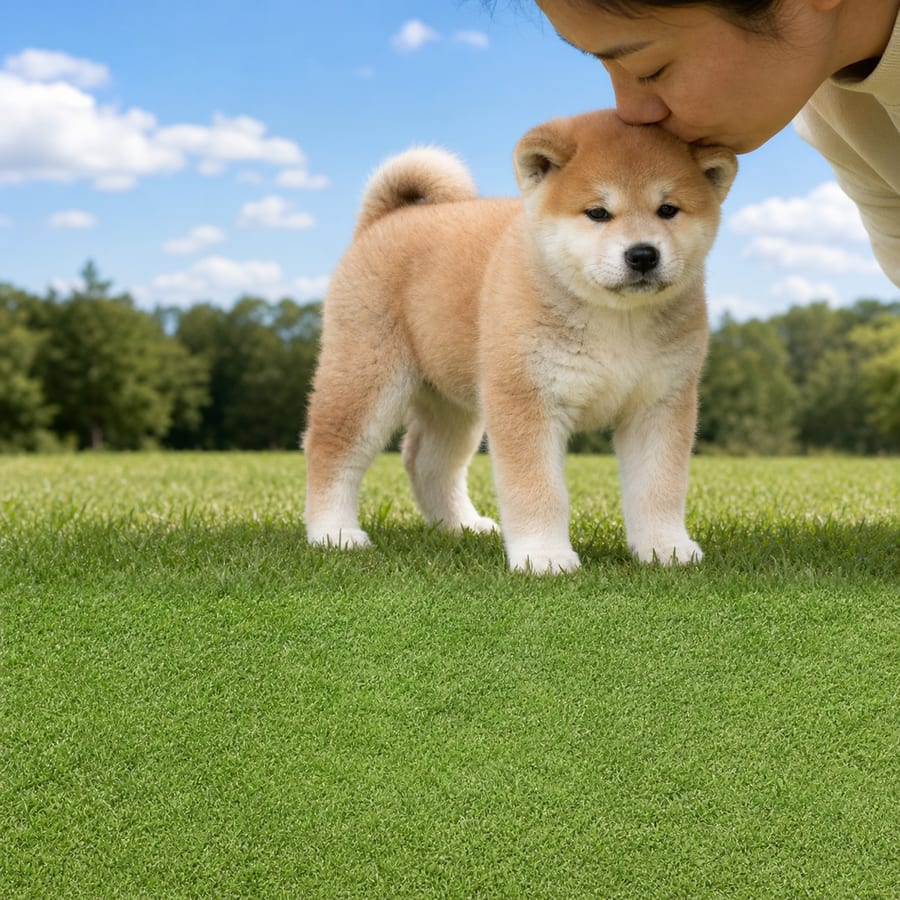 Akita puppy standing on grass, a person kissing the top of its head, at Blue Sky Puppies
