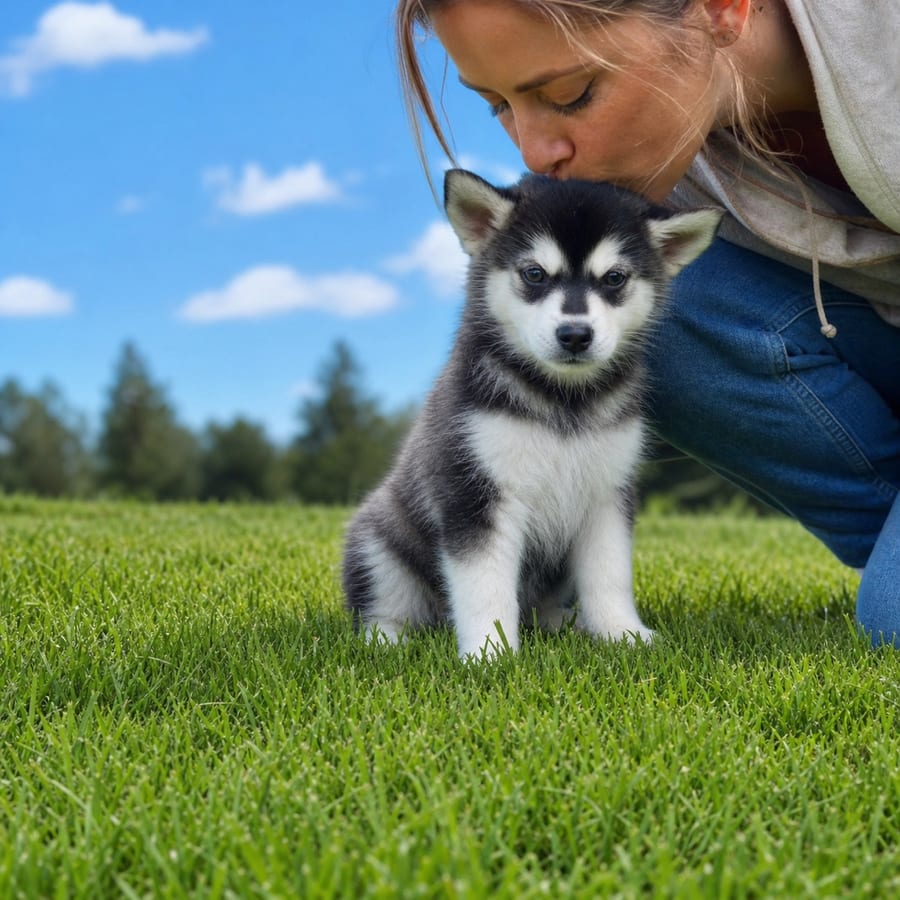 Alaskan Klee Kai puppy standing on grass, a person kissing the top of its head, at Blue Sky Puppies