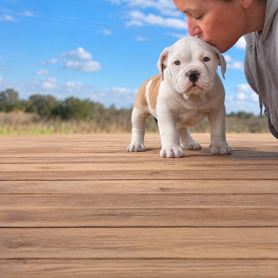 American Bulldog puppy standing on grass, a person kissing the top of its head, at Blue Sky Puppies