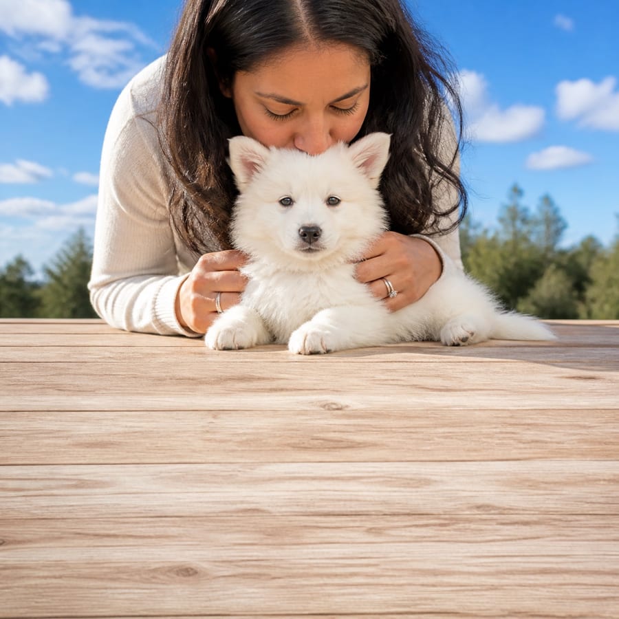 American Eskimo puppy standing on grass, a person kissing the top of its head, at Blue Sky Puppies