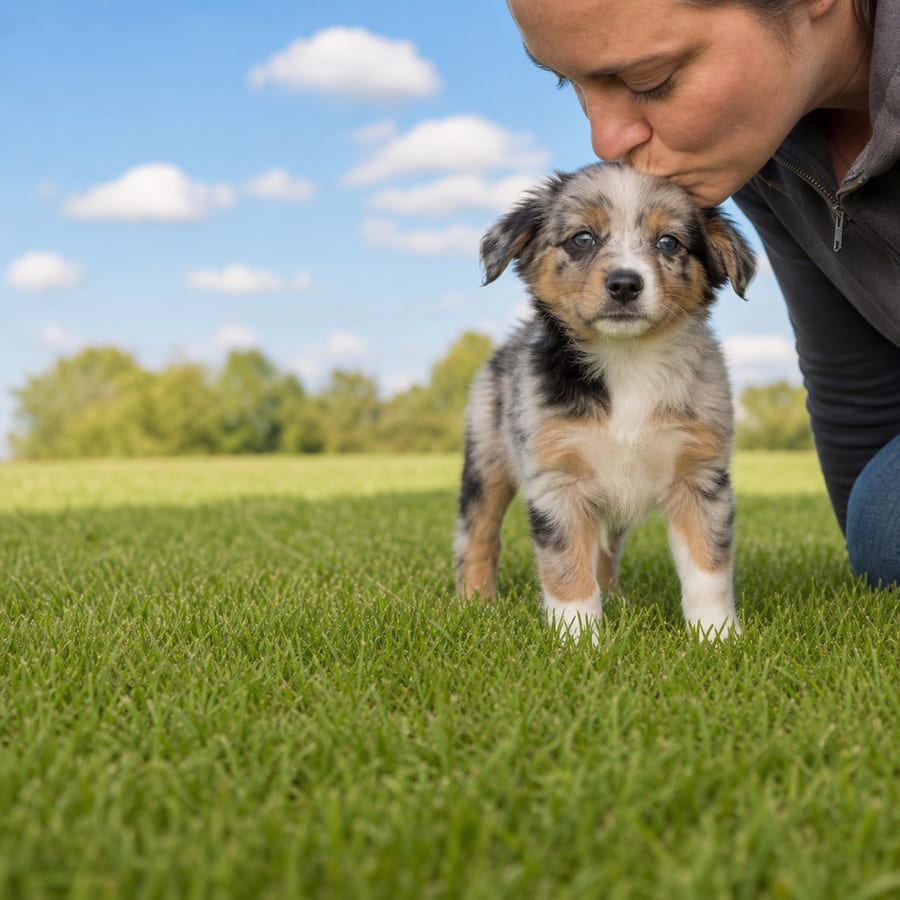 Aussie-Chi puppy standing on grass, a person kissing the top of its head, at Blue Sky Puppies