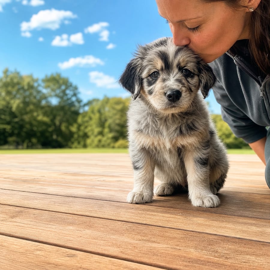 Aussiepoo puppy standing on grass, a person kissing the top of its head, at Blue Sky Puppies