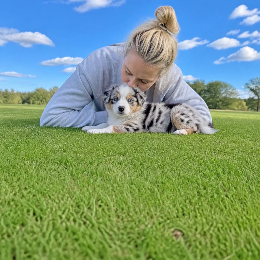 Australian Shepherd puppy standing on grass, a person kissing the top of its head, at Blue Sky Puppies