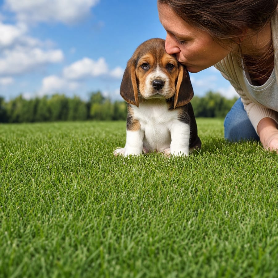 Bagle Hound puppy standing on grass, a person kissing the top of its head, at Blue Sky Puppies