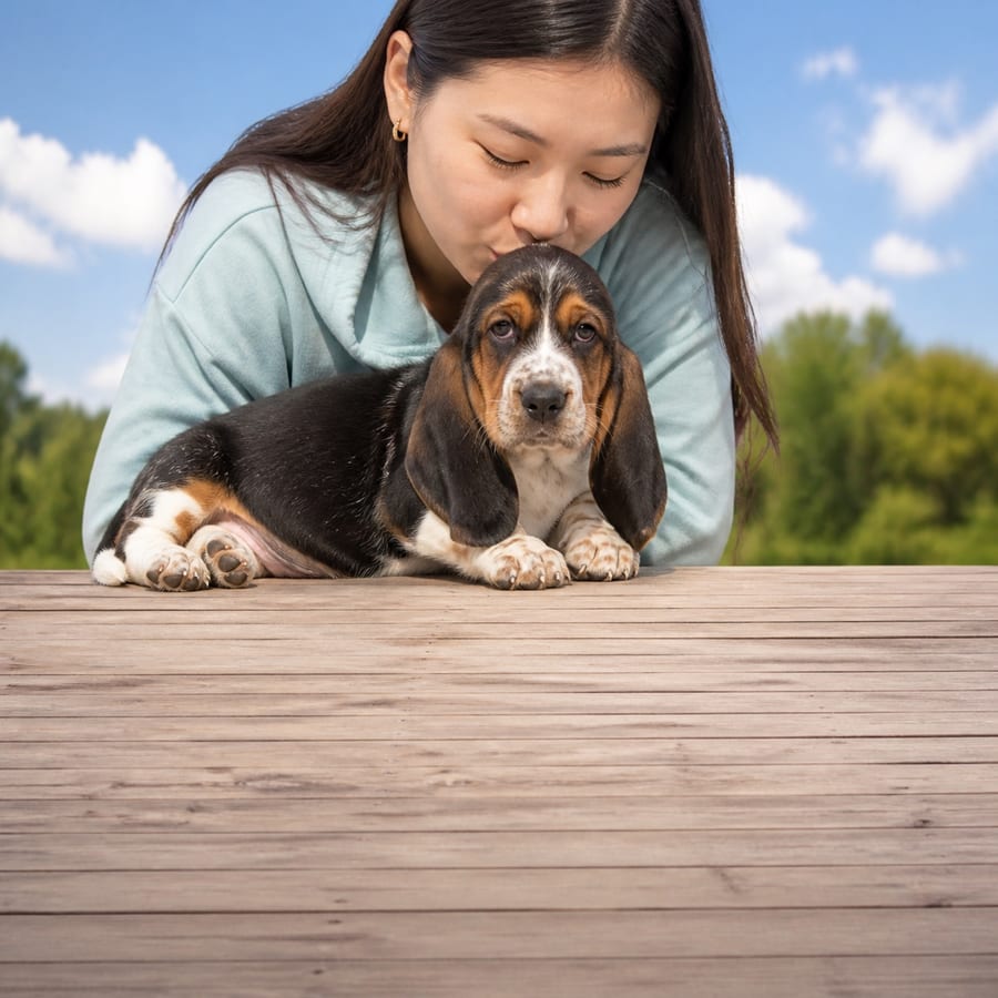 Basset Hound puppy standing on grass, a person kissing the top of its head, at Blue Sky Puppies