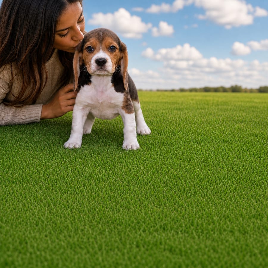 Tricolor Beagle puppy with long tan ears standing on bright green grass, a person kissing its head, at Blue Sky Puppies