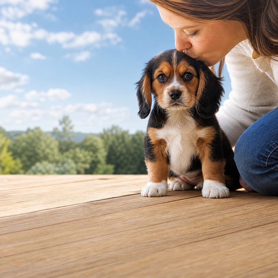 Beaglier puppy standing on grass, a person kissing the top of its head, at Blue Sky Puppies