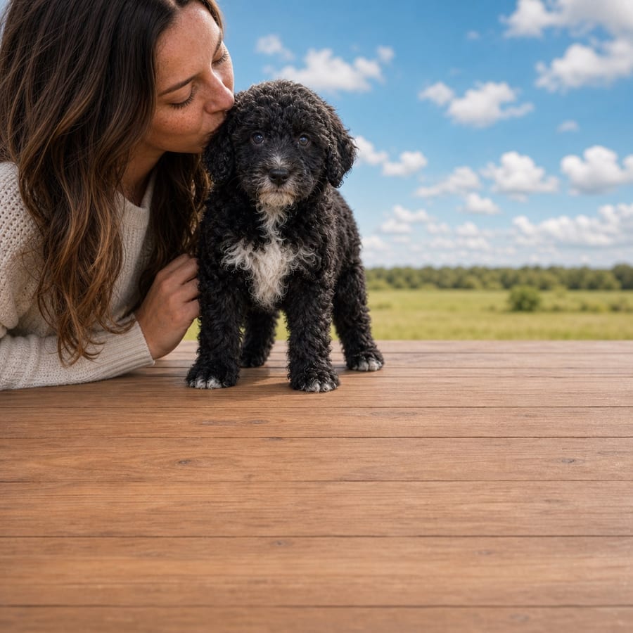 Curly black Bernedoodle puppy with a white chest standing on a wooden deck beside a person kissing it, at Blue Sky Puppies