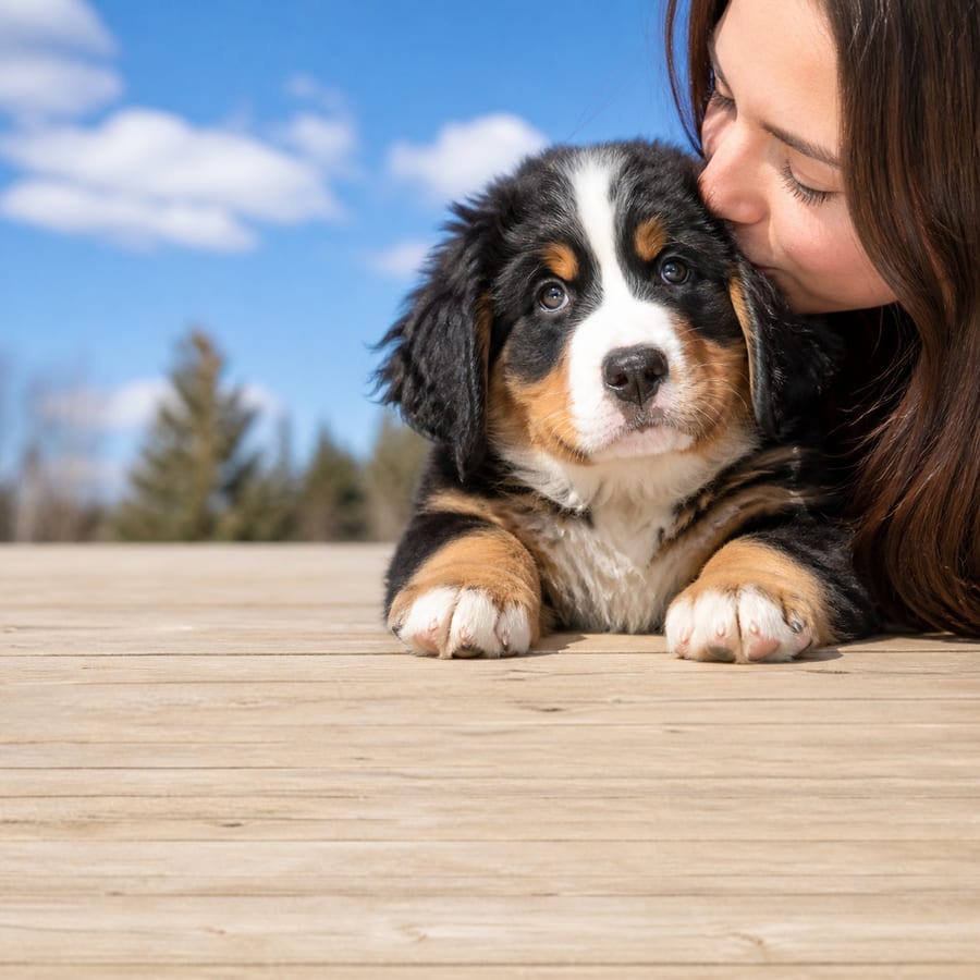 Bernese Mountain Dog puppy standing on grass, a person kissing the top of its head, at Blue Sky Puppies