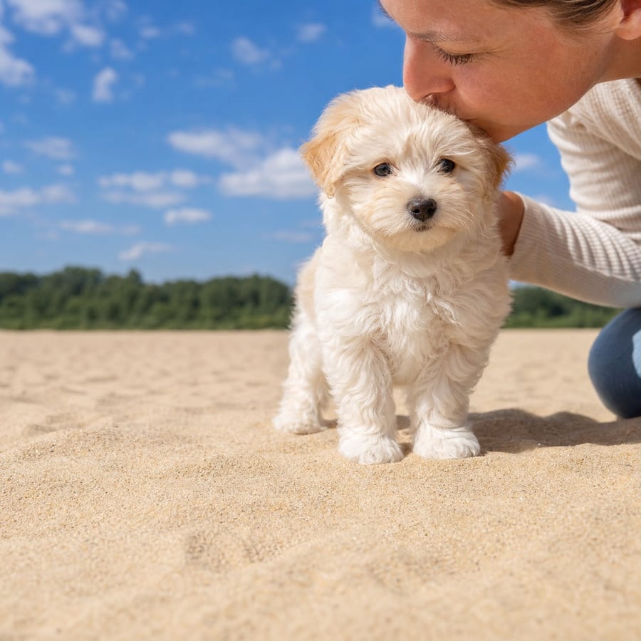 Bichonaranian puppy standing on grass, a person kissing the top of its head, at Blue Sky Puppies