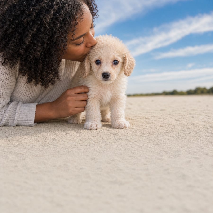 Fluffy cream Bichonpoo puppy with soft curls standing close on pale sand, a person kissing its head, at Blue Sky Puppies