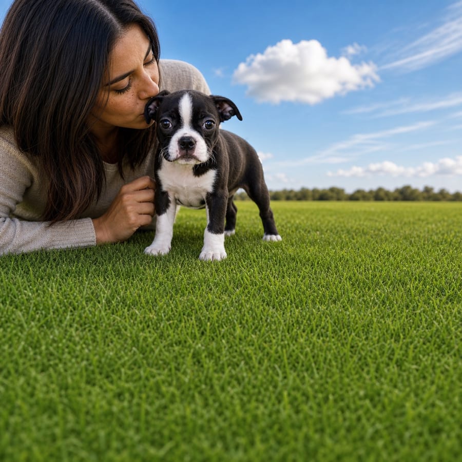 Dark brindle and white Boston Terrier puppy standing on lush grass, a person kissing its head, at Blue Sky Puppies