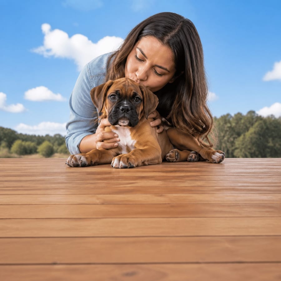 Boxer puppy standing on grass, a person kissing the top of its head, at Blue Sky Puppies