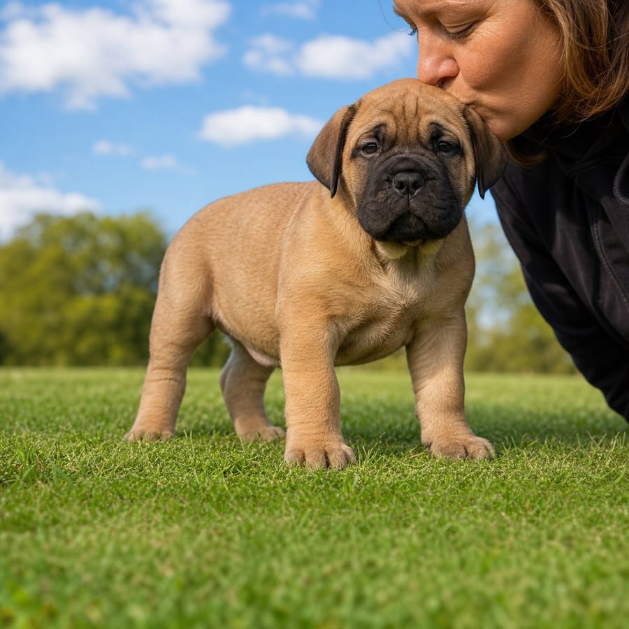 Bullmastiff puppy standing on grass, a person kissing the top of its head, at Blue Sky Puppies