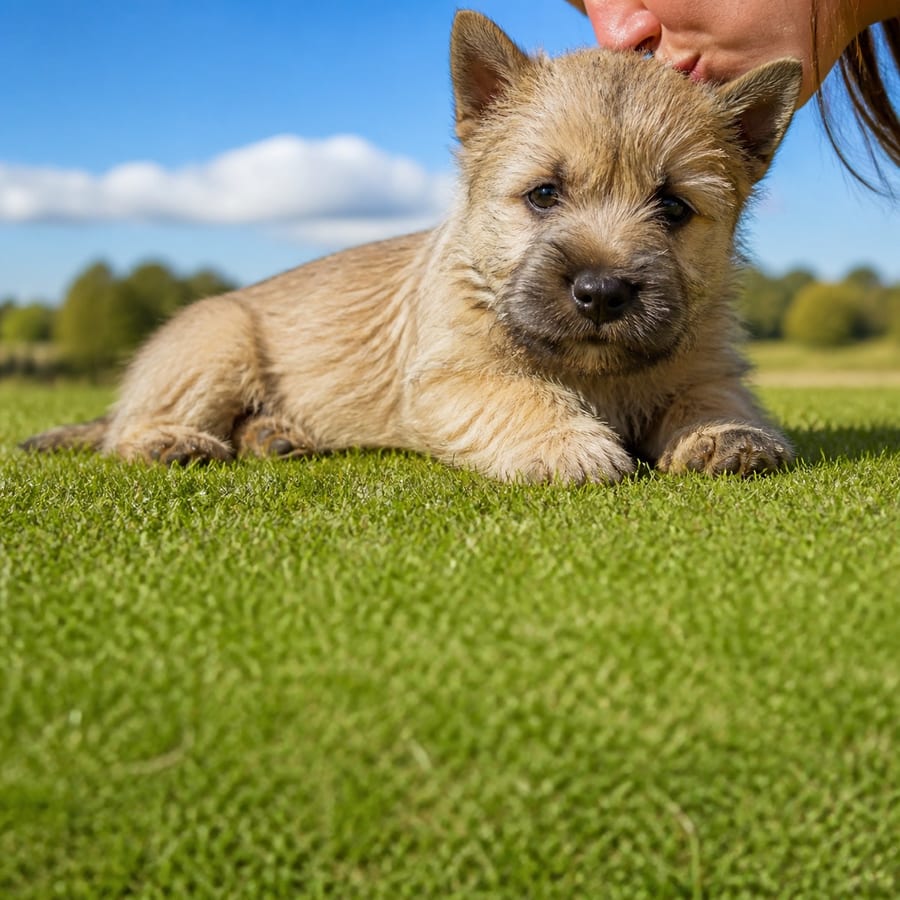 Cairn Terrier puppy standing on grass, a person kissing the top of its head, at Blue Sky Puppies