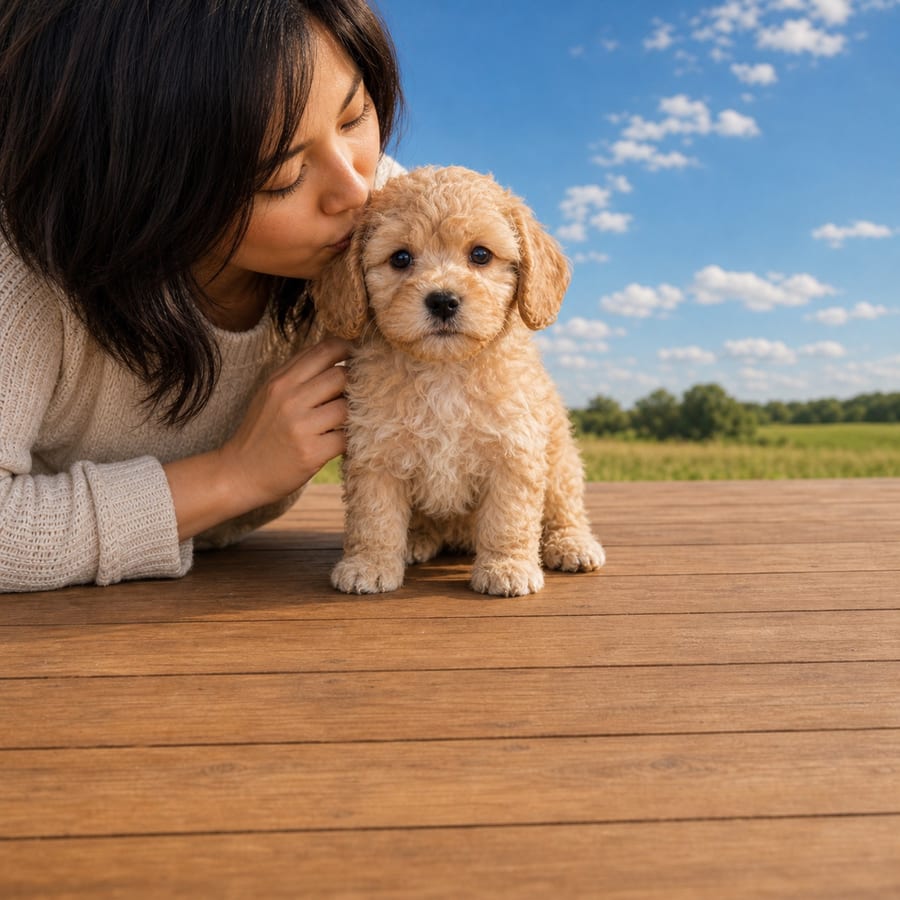 Apricot curly Cavachon puppy standing on wooden decking beside a green field, a person kissing its face, at Blue Sky Puppies