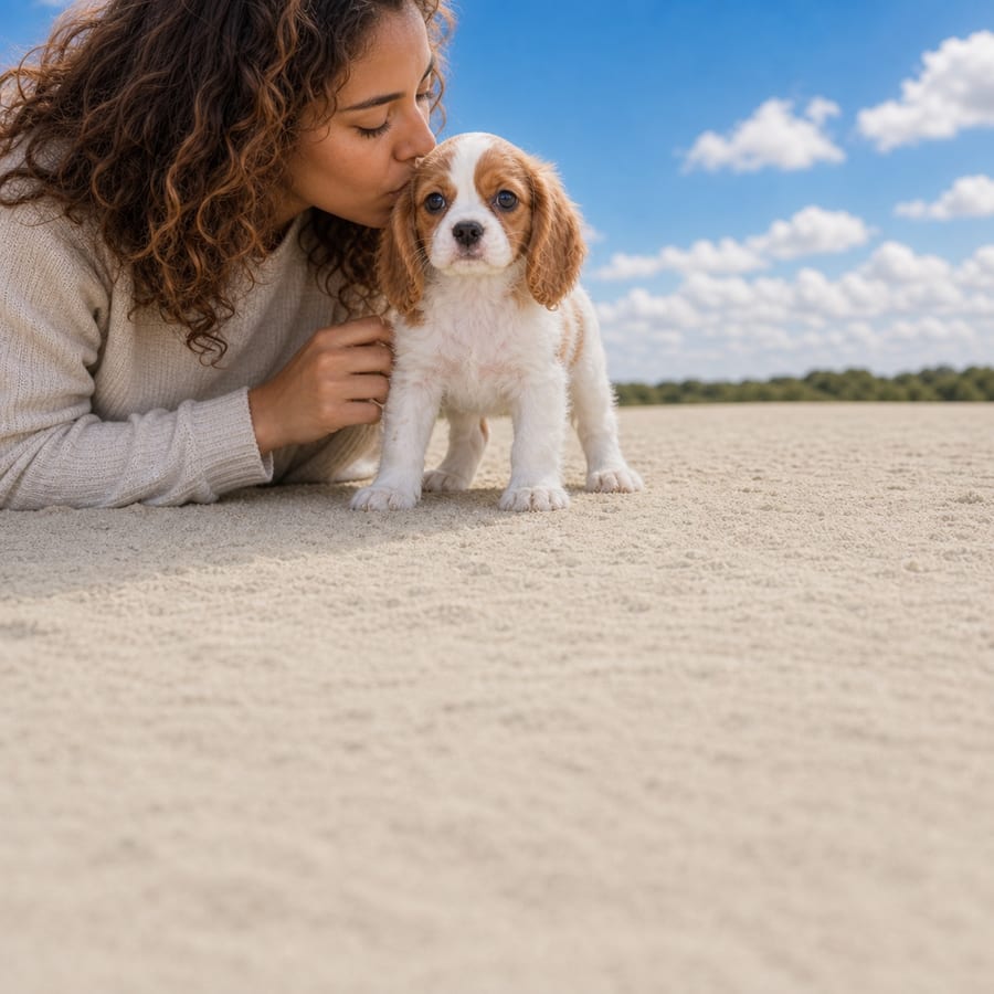 Cavalier King Charles Spaniel puppy with silky chestnut ears standing on pale sand, a person kissing its head, at Blue Sky Puppies