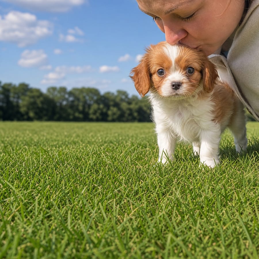 Cavapom puppy standing on grass, a person kissing the top of its head, at Blue Sky Puppies
