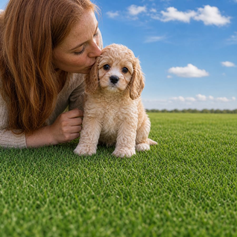 Apricot curly-coated Cavapoo puppy sitting in bright green grass, a person kissing the top of its head, at Blue Sky Puppies
