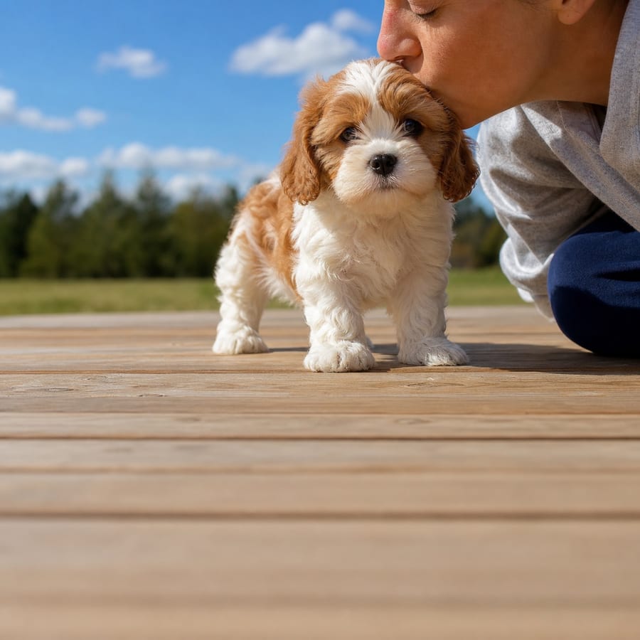 Cavatzu puppy standing on grass, a person kissing the top of its head, at Blue Sky Puppies