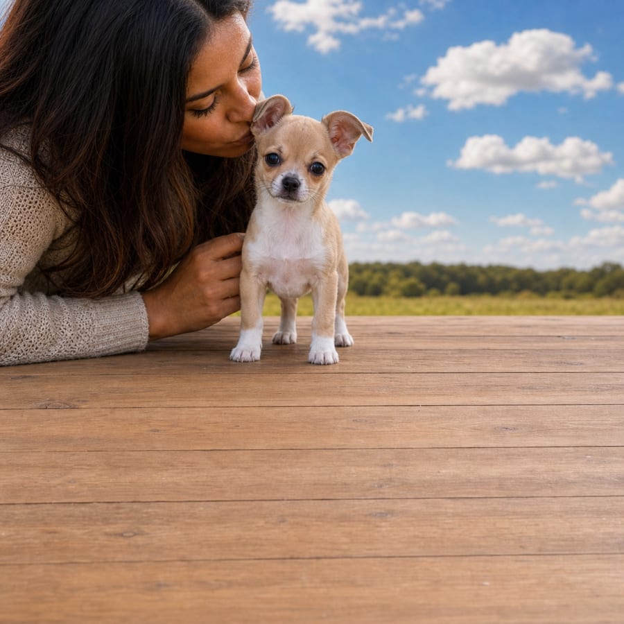 Tan Chihuahua puppy with white chest and large ears on a wooden deck, a person kissing its head, at Blue Sky Puppies