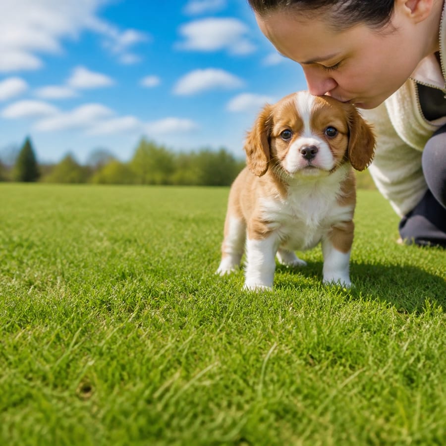 Chilier puppy standing on grass, a person kissing the top of its head, at Blue Sky Puppies