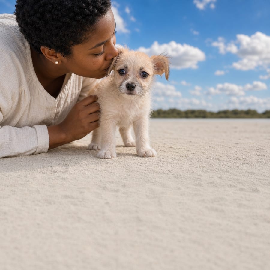 A woman kneeling on a sunlit lawn beside a small cream Chipoo puppy under an open blue sky