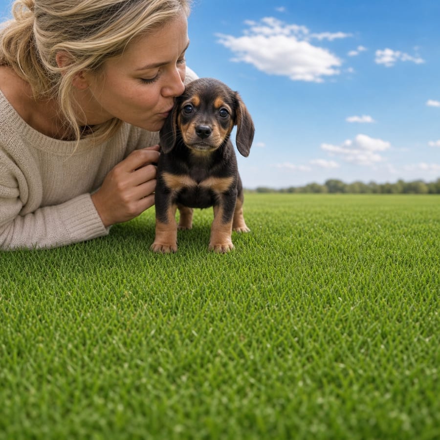 Black and tan smooth-coated Chiweenie puppy sitting in the grass at Blue Sky Puppies