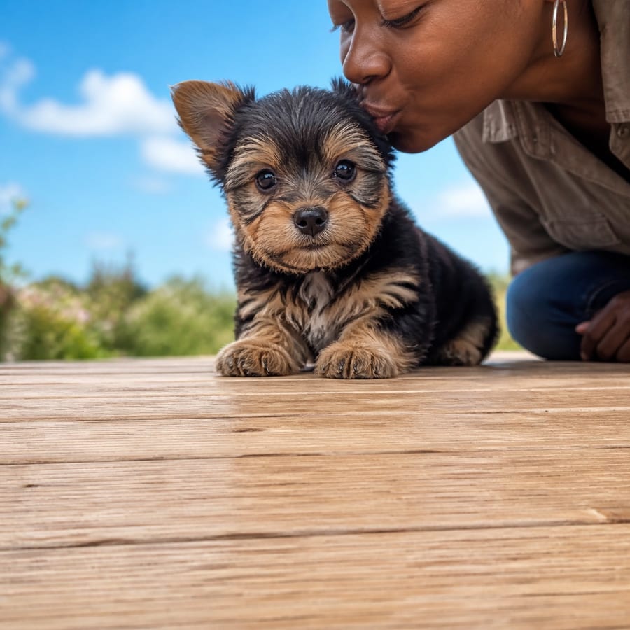 Chorkie puppy standing on grass, a person kissing the top of its head, at Blue Sky Puppies