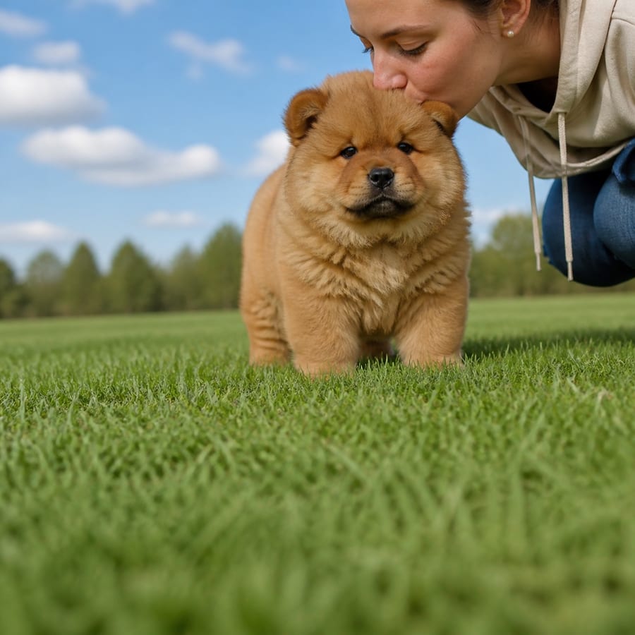 Chow Chow puppy standing on grass, a person kissing the top of its head, at Blue Sky Puppies