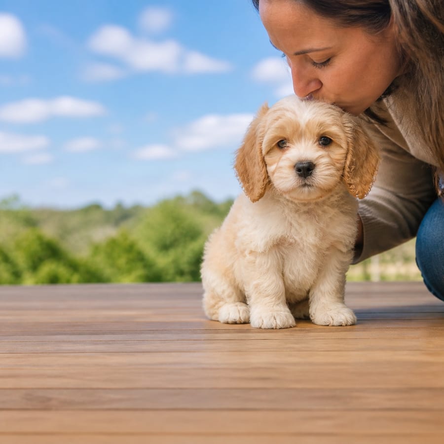 Cock-A-Chon puppy standing on grass, a person kissing the top of its head, at Blue Sky Puppies