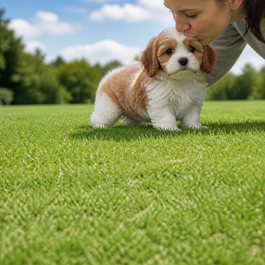Cock-A-Tzu puppy standing on grass, a person kissing the top of its head, at Blue Sky Puppies