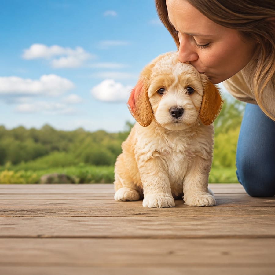 Cockachon puppy standing on grass, a person kissing the top of its head, at Blue Sky Puppies
