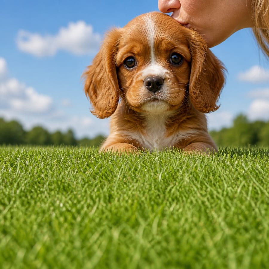 Cockalier puppy standing on grass, a person kissing the top of its head, at Blue Sky Puppies