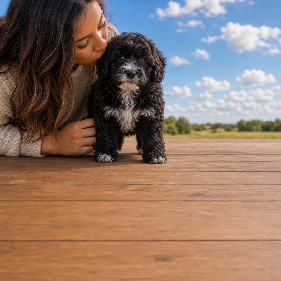Black curly Cockapoo puppy with a white chin and chest sitting on a wooden deck at Blue Sky Puppies