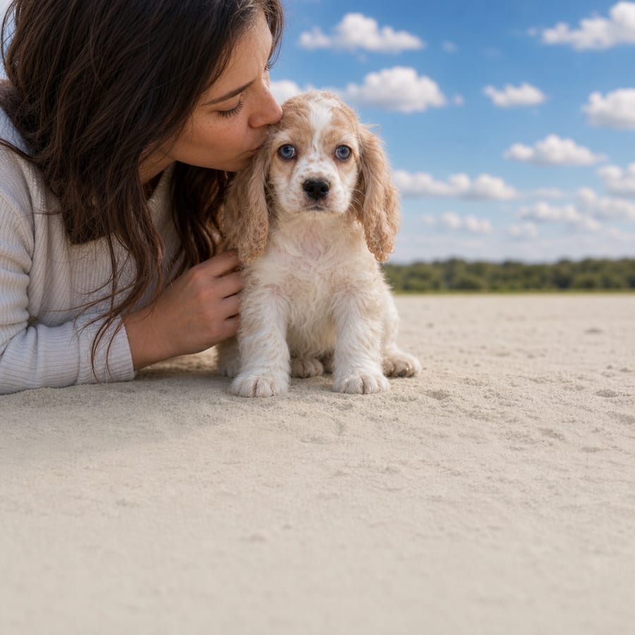 Blue-eyed cream and white Cocker Spaniel puppy with wavy ears on pale sand, a person kissing its head, at Blue Sky Puppies