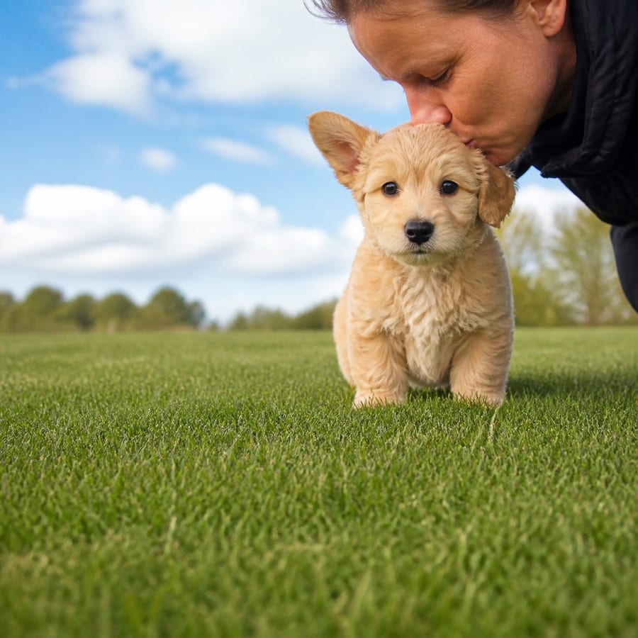 Corgipoo puppy standing on grass, a person kissing the top of its head, at Blue Sky Puppies