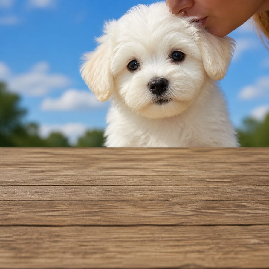 Coton De Tulear puppy standing on grass, a person kissing the top of its head, at Blue Sky Puppies