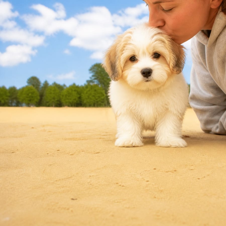 Coton Tzu puppy standing on grass, a person kissing the top of its head, at Blue Sky Puppies