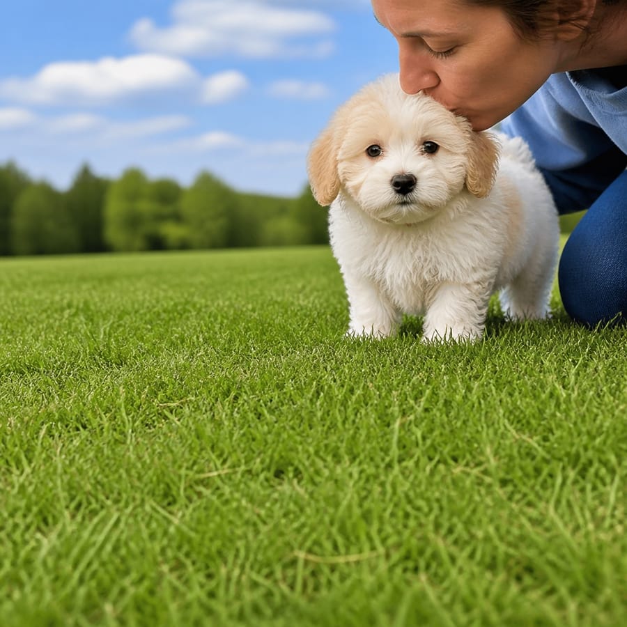 Cotonpoo puppy standing on grass, a person kissing the top of its head, at Blue Sky Puppies