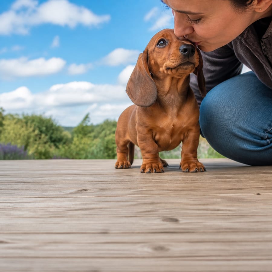 Dachshund puppy standing on grass, a person kissing the top of its head, at Blue Sky Puppies