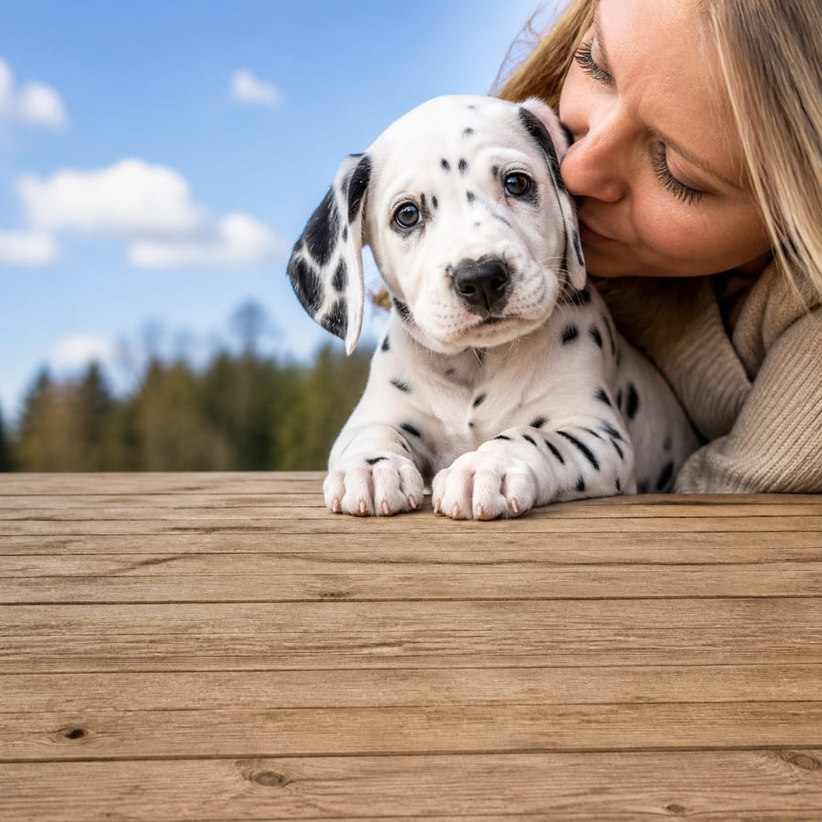 Dalmatian puppy standing on grass, a person kissing the top of its head, at Blue Sky Puppies